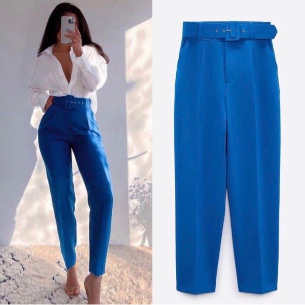 Zara PANTS W/ FABRIC-COVERED BELT High-waist Blue Size M NEW
